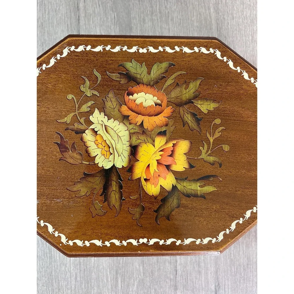 Vintage 1970s Wooden Octagonal Painted Flower Jewelry Box With Mirror 8x6x2.5